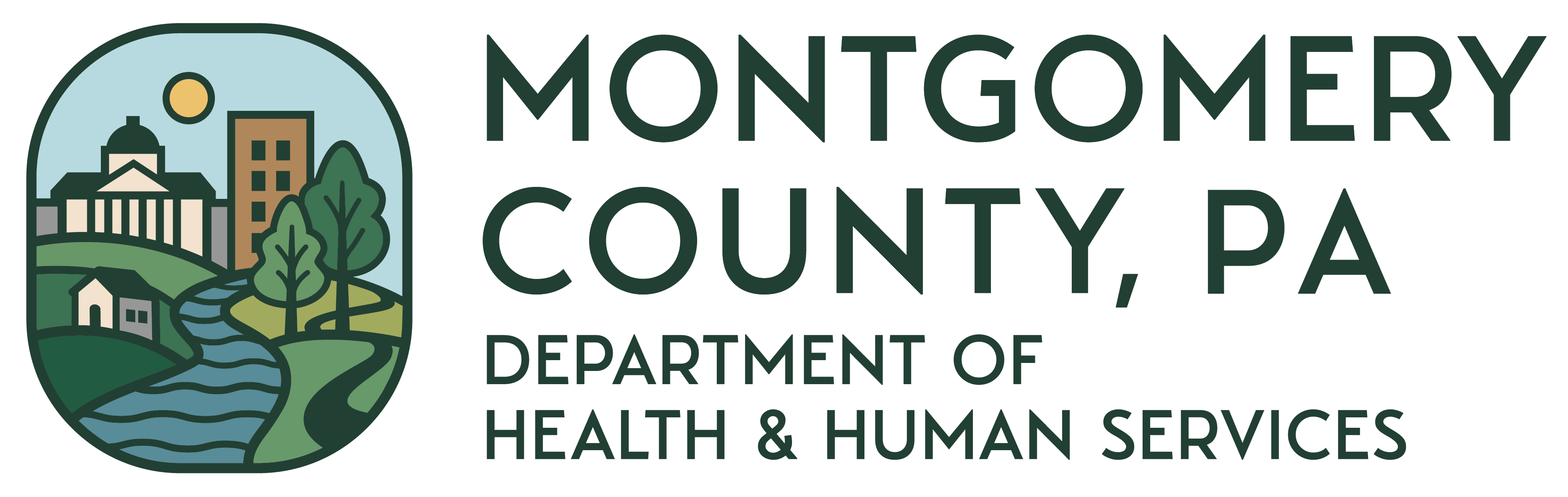 Montgomery County, Pennsylvania logo. Oval shape with courthouse, tall buildings, a house, trees, fields, a river, and a path.